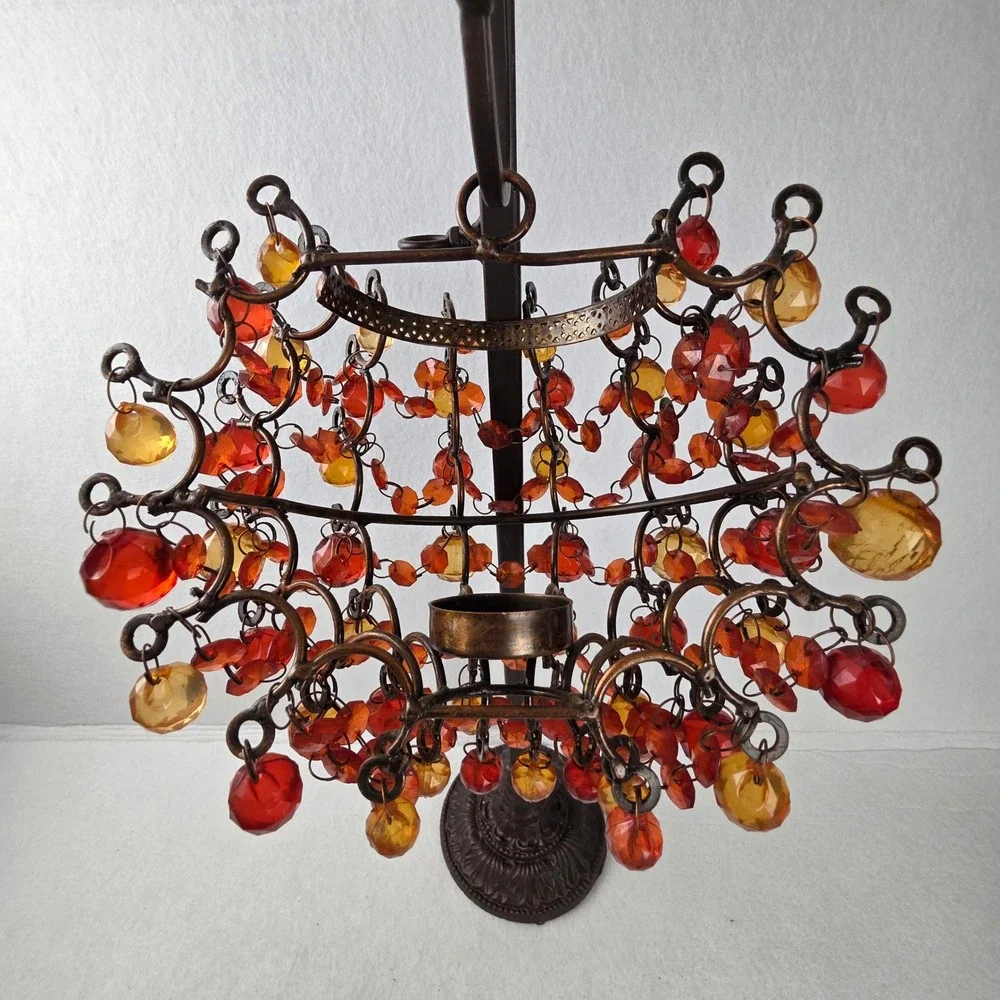 Bronze Beaded Hanging Tea Light Candle Holder Amber Red Acrylic Jewel Tones Boho